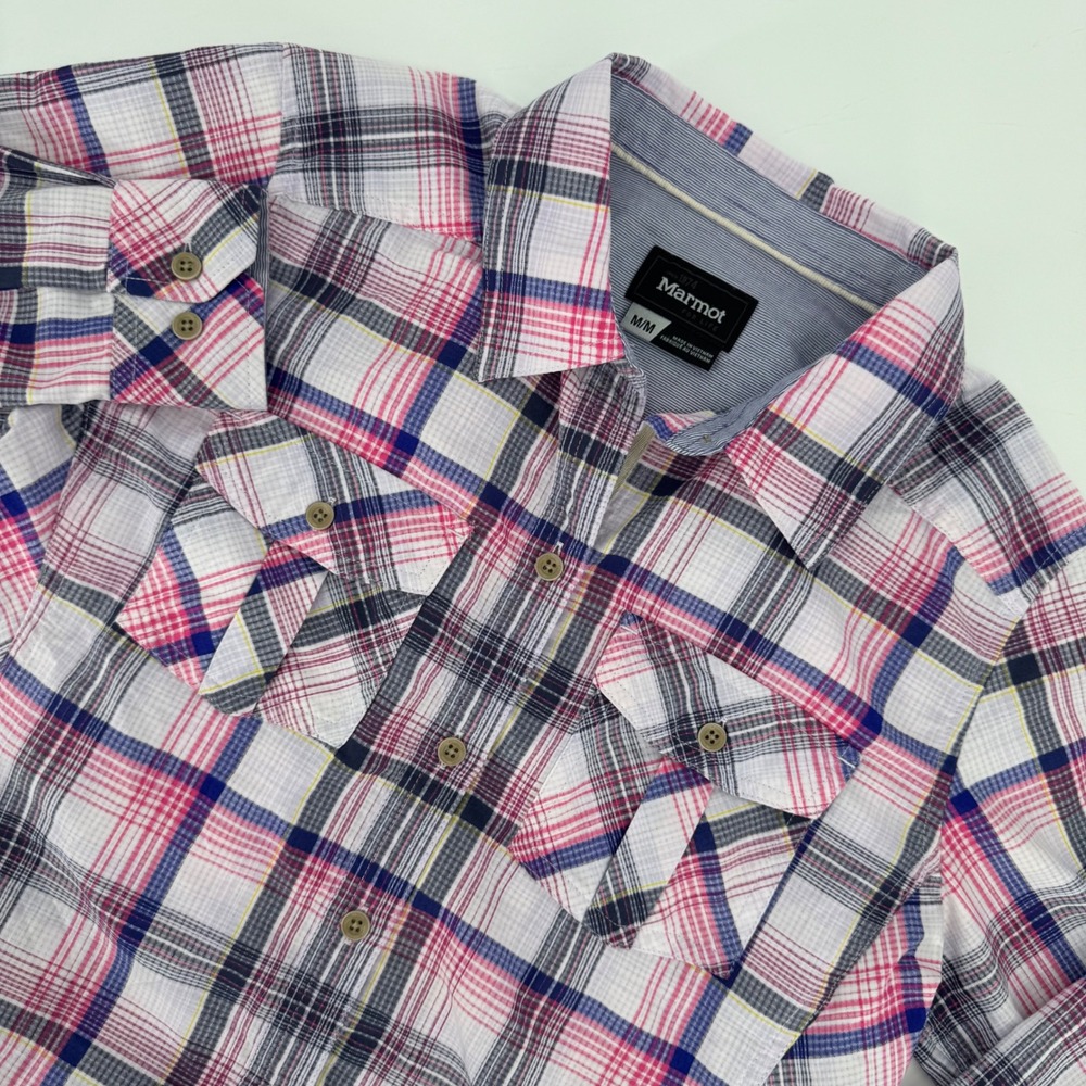 Marmot Womens Medium Pink Blue Plaid Roll Tab Long Sleeve Button Down Shirt